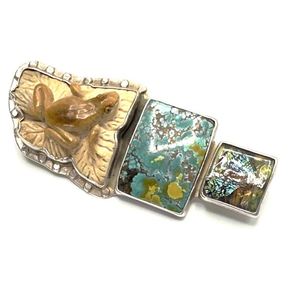 Vintage Amy Kahn Russell Carved Frog Brooch-Pendant Combo w/Turquoise & Glass - Picture 2 of 15